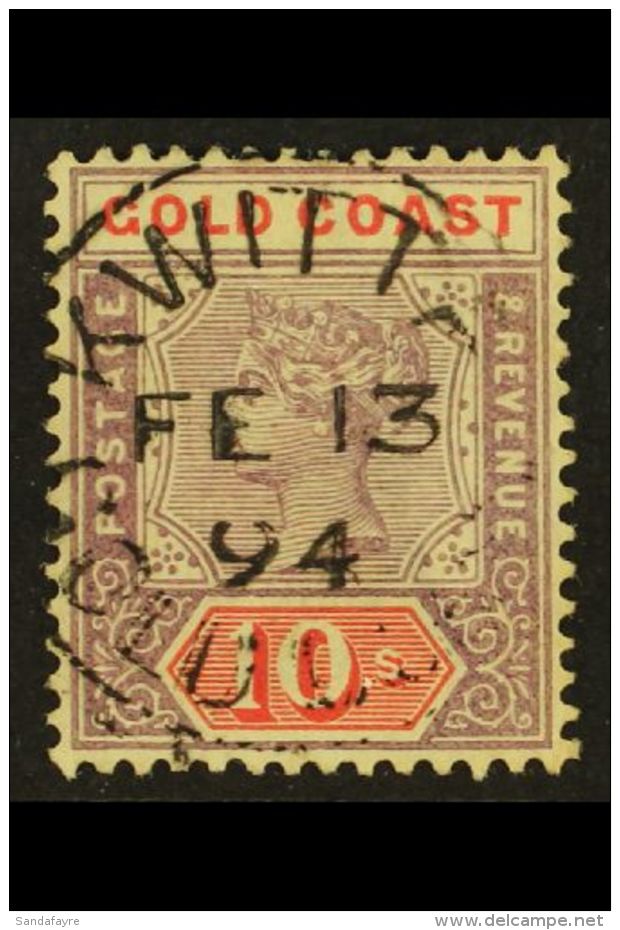 1889 10s Dull Mauve And Carmine, SG 23a, Very Fine Used With Central Kwitta Gold Coast Cds Cancel. Scarce Stamp.... - Côte D'Or (...-1957)