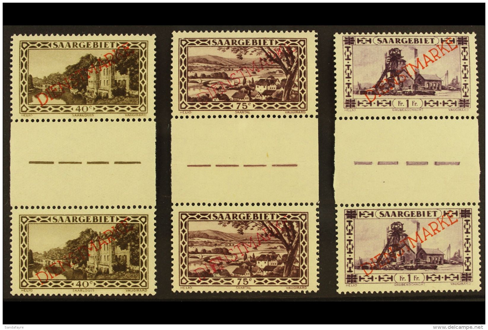 OFFICIALS 1927-32 40c, 75c &amp; 1f Vertical GUTTER PAIRS, Michel 17, 19 &amp; 20a, Never Hinged Mint, Very Fresh.... - Other & Unclassified