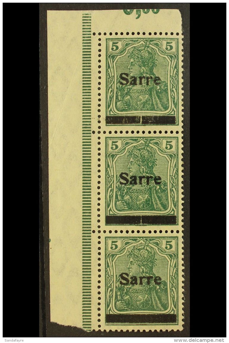1920 5pf Green "Sarre" Type II Overprint, Michel 4a II, Never Hinged Mint Upper Left Corner Vertical STRIP Of 3... - Altri & Non Classificati