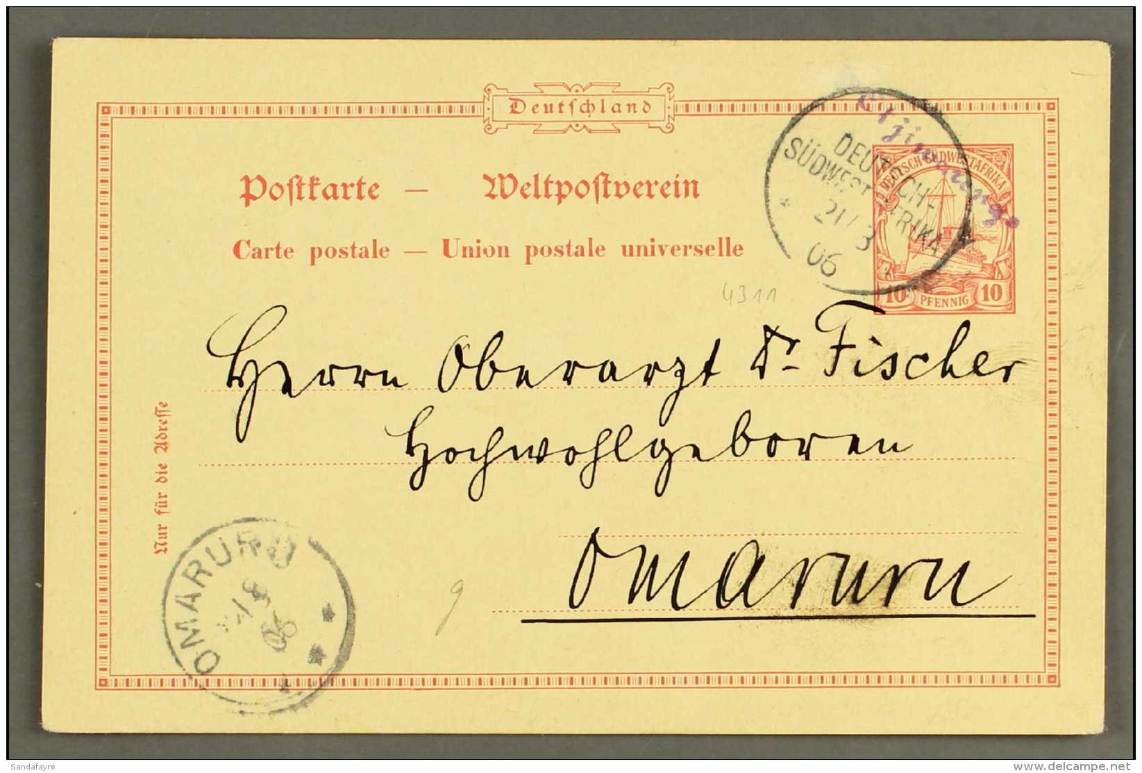 SOUTH WEST AFRICA 1906 (21 Mar) 10pf Postal Card To Omaruru Showing A Fine "OTJIWARONGO" Wanderstempel Type... - Altri & Non Classificati