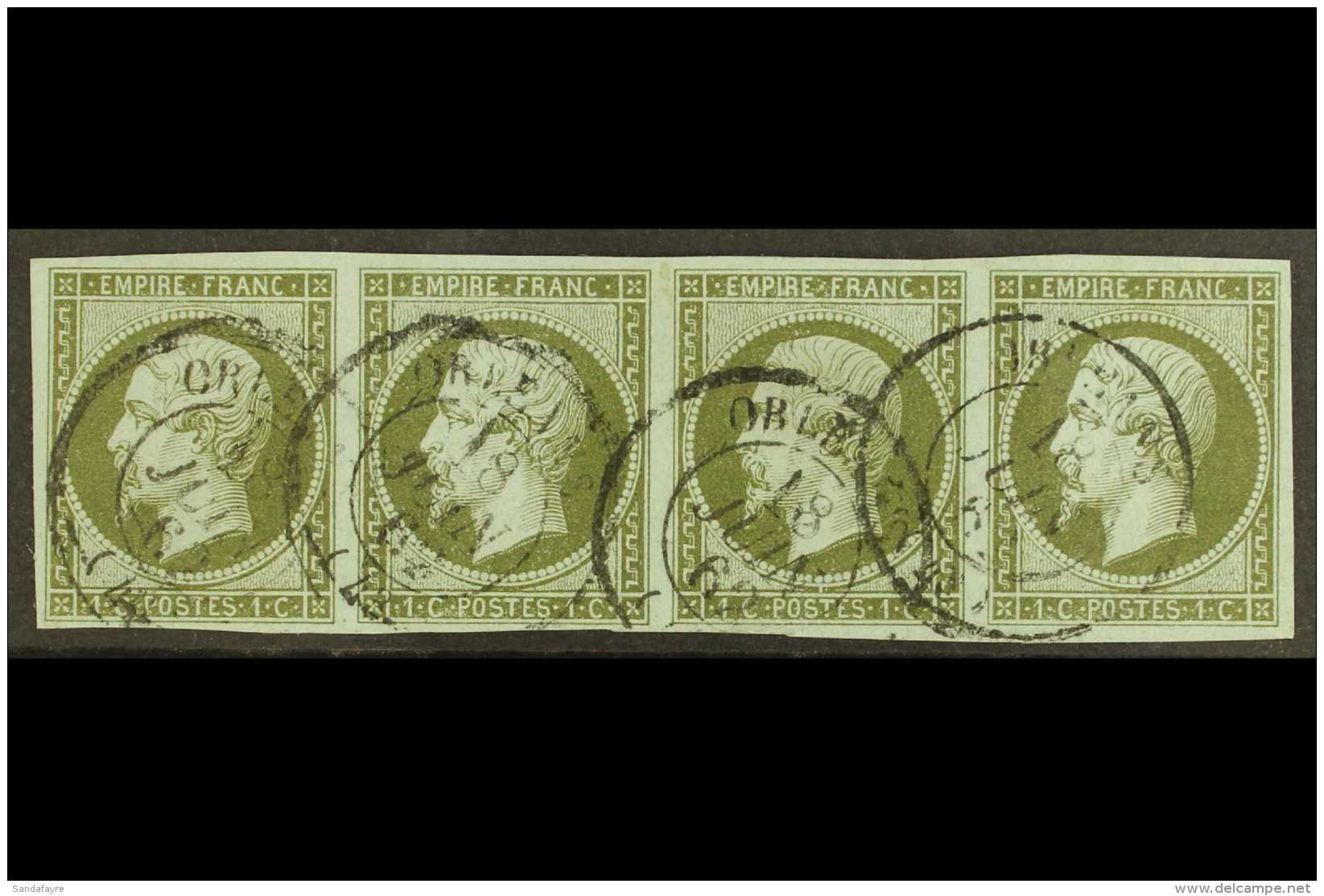 1853-60 1c Olive On Azure Imperf Napoleon, Maury, 11, A Fine Used Horizontal Strip Of Four With Clear To Large... - Autres & Non Classés