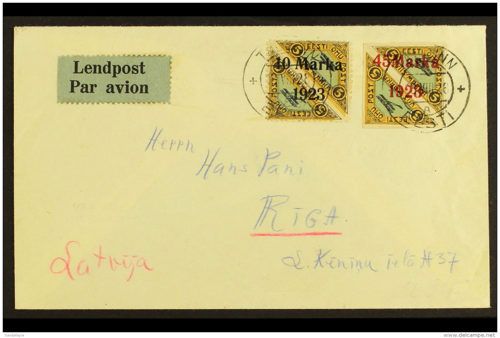 1928 Fabricated Airmail Cover To Latvia, Bearing 1923 10m On 5m+5m (faked Perf) &amp; 45m On 5m+5m Imperf Air... - Estonie