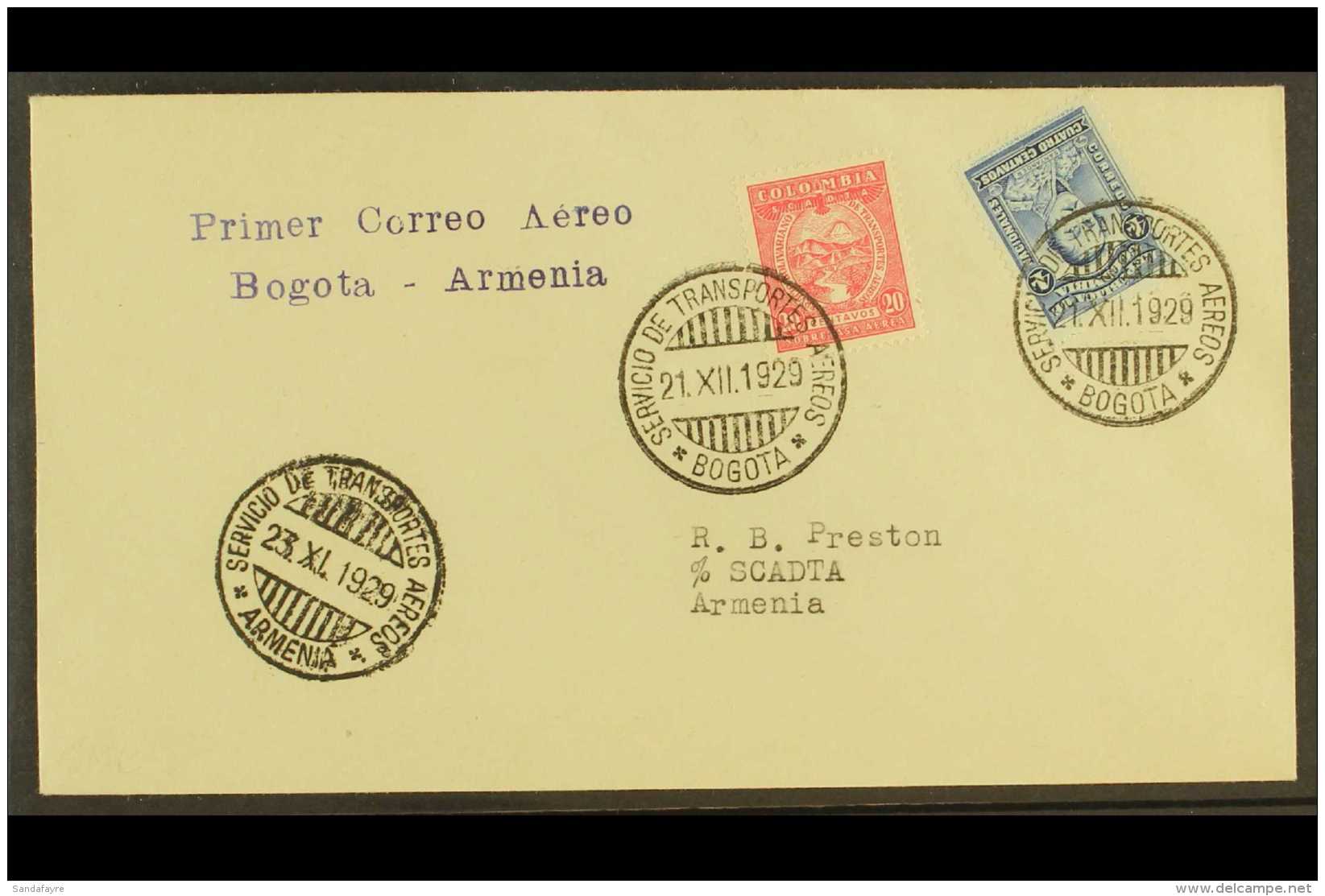 1929 (21 Dec) Bogota - Armenia First Flight Cover Bearing SCADTA 20c &amp; Colombia 4c Stamps Tied By "Bogota"... - Colombie