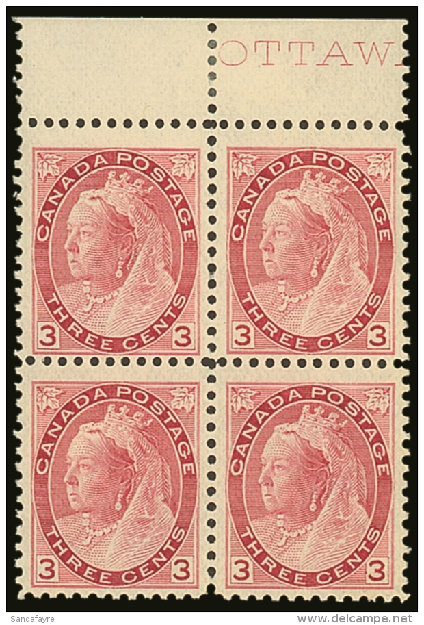 1898 3c Rose-carmine, Queen Victoria "Numeral" Type,  SG 156, (Uni 78)  Upper Marginal Block Of Four, Very Fine... - Autres & Non Classés