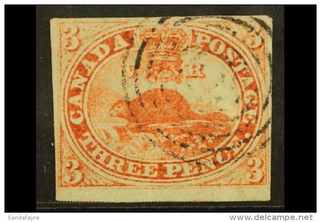 1851 3d Red On Laid Paper, SG 1, Used With 4 Small To Huge Margins Cancelled By Light Concentric- Ring Pmk. A... - Autres & Non Classés