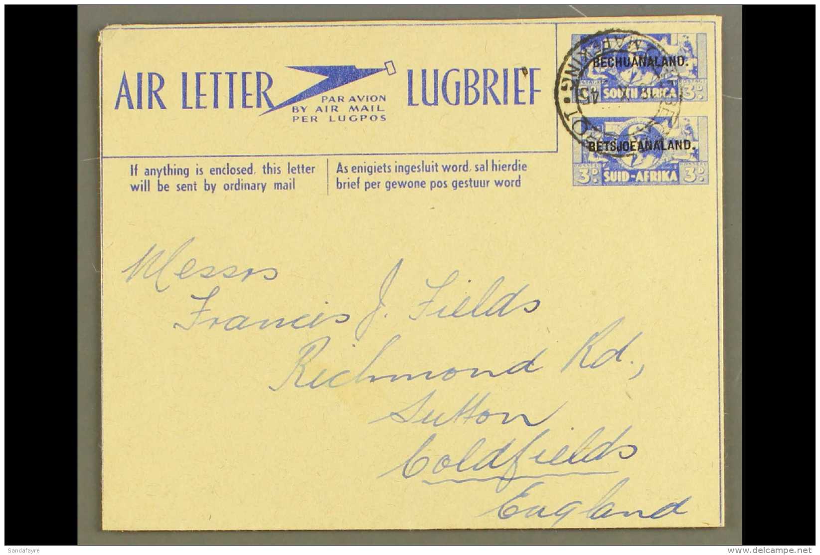 1944 AIR LETTER 3d+3d Blue On Buff War Effort, Bilingual "Bechuanaland" Overprint, H&amp;G 1, Very Fine Used To... - Sonstige & Ohne Zuordnung