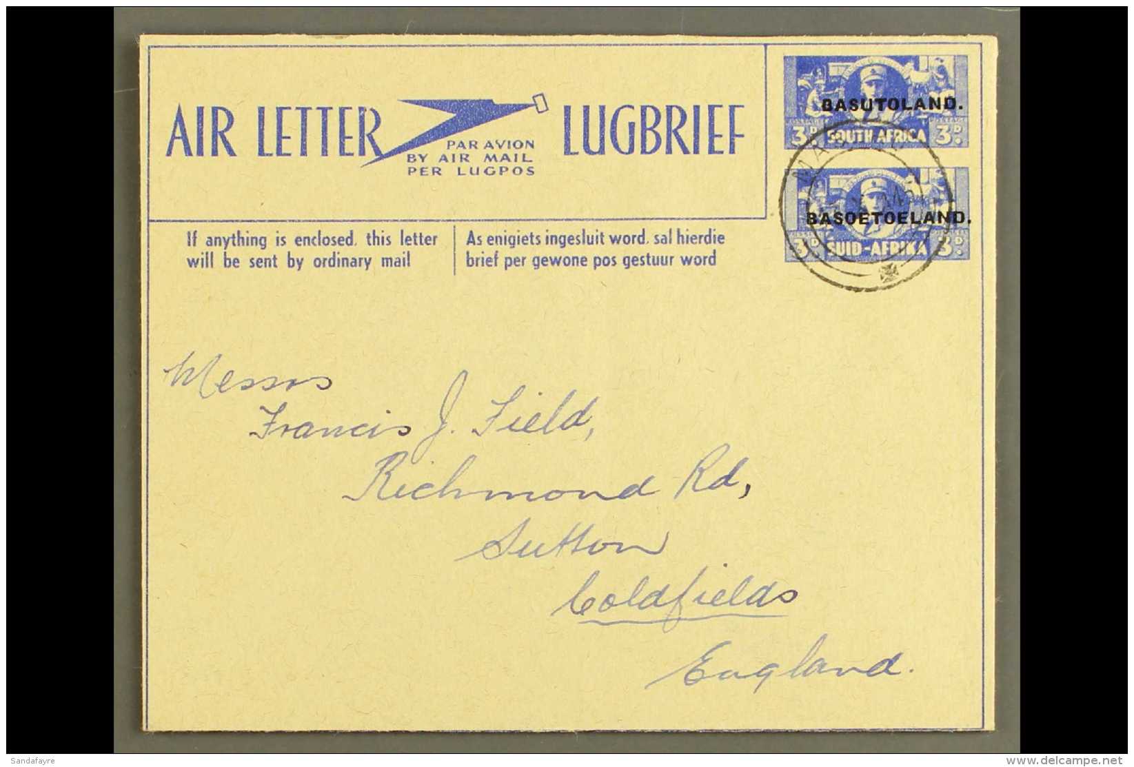 1944 AIR LETTER 3d War Effort Pair Blue On Buff, Higgins &amp; Gage FG1, Very Fine Used To England, MASERU (17 Dec... - Altri & Non Classificati