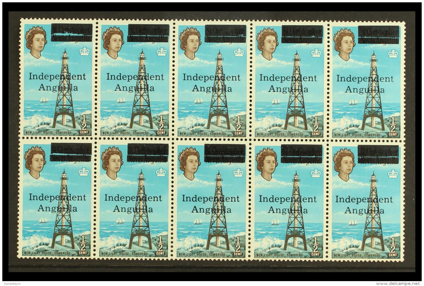 1967 &frac12;c New Lighthouse Overprinted "Independent Anguilla", SG 1, Rare BLOCK OF 10 Never Hinged Mint.... - Anguilla (1968-...)