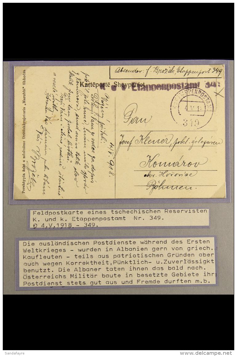 AUSTRIAN OCCUPATION OF ALBANIA 1918 (May) Ethnic Ppc To Bohemia With "KuK Etappenpoststamt 349" Cachet In Black,... - Albanien