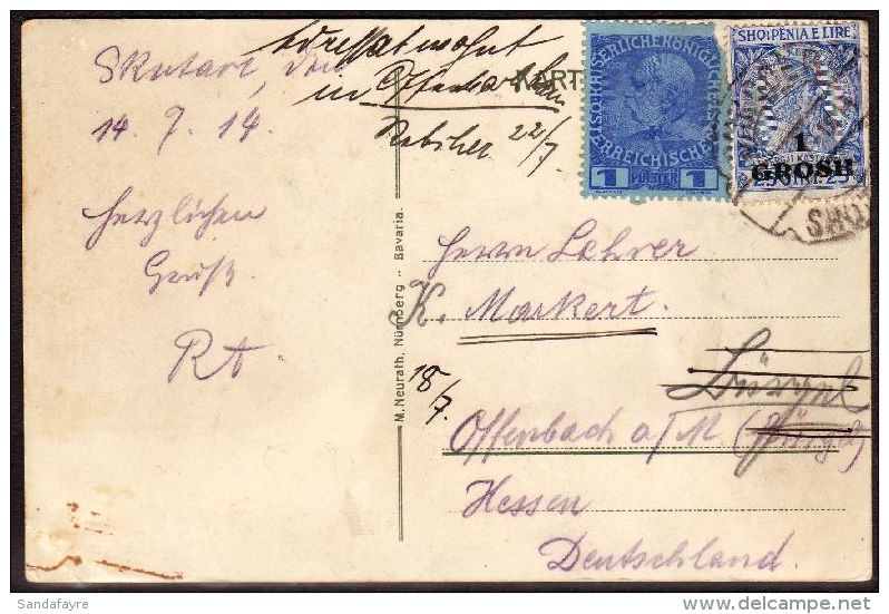 1914 MIXED FRANKING CARD TO GERMANY PPC Of Wilhelm I Of Albania, Franked With Albania 1gr On 25q Blue And Austrian... - Albanien