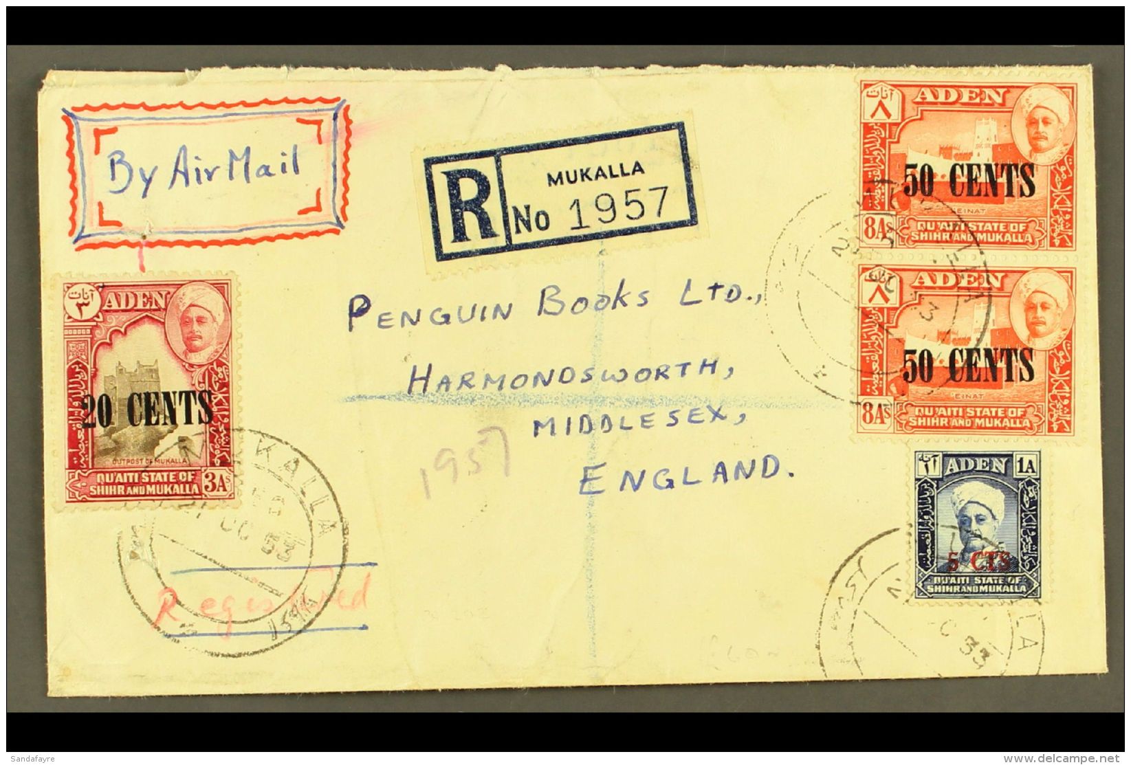 QU'AITI  STATE IN HADHRAMAUT 1953 (21 Oct) Registered Cover To England Bearing 1951 5c On 1a, 10c On 2a, 20c On 3a... - Aden (1854-1963)