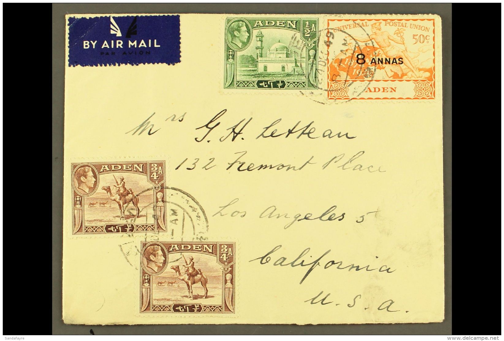 1949 (24th Dec) Airmail Cover To California, USA Bearing An Attractive Selection Of Issues To 8a Tied To Cover... - Aden (1854-1963)