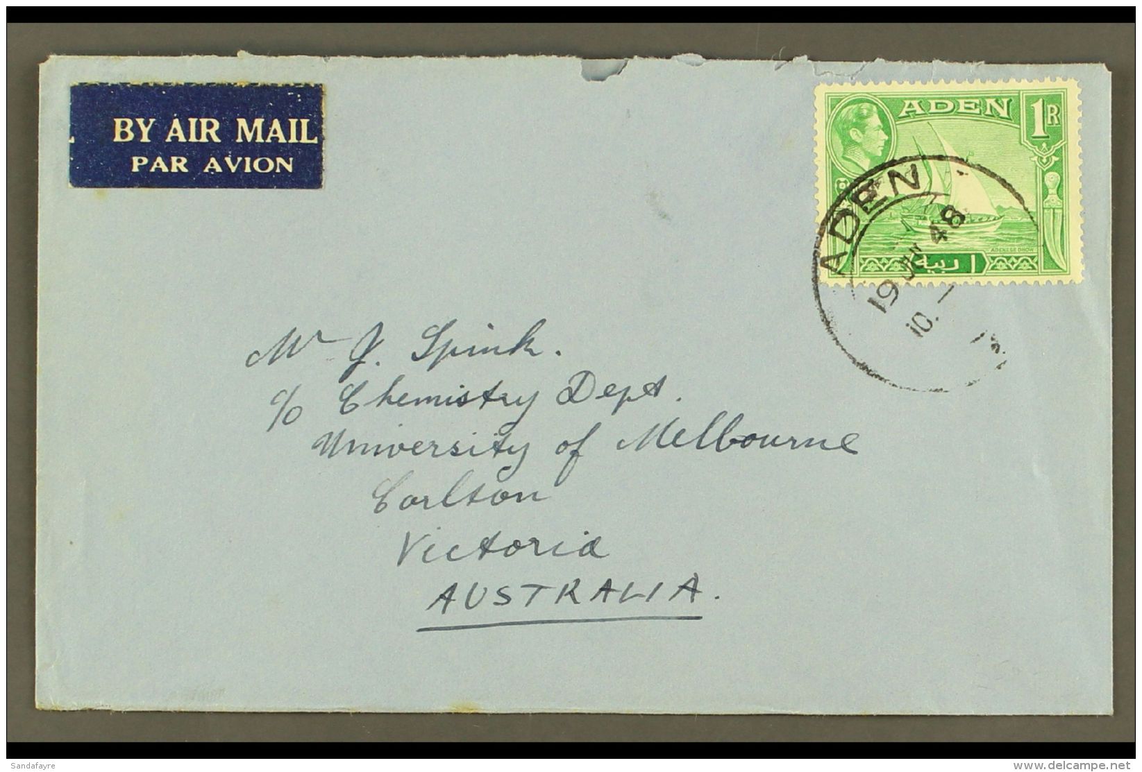 1948 (19 July) Envelope To Australia Bearing KGVI 1R Emerald-green (SG 24) Tied By Aden Cds.  For More Images,... - Aden (1854-1963)