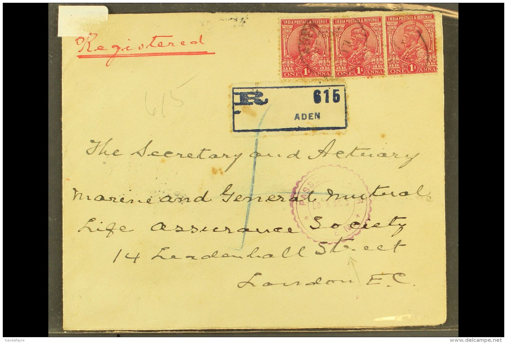 1917 Registered Cover To London Bearing India 1a KGV Strip Of Three Tied By Aden Cds's; Alongside Aden... - Aden (1854-1963)