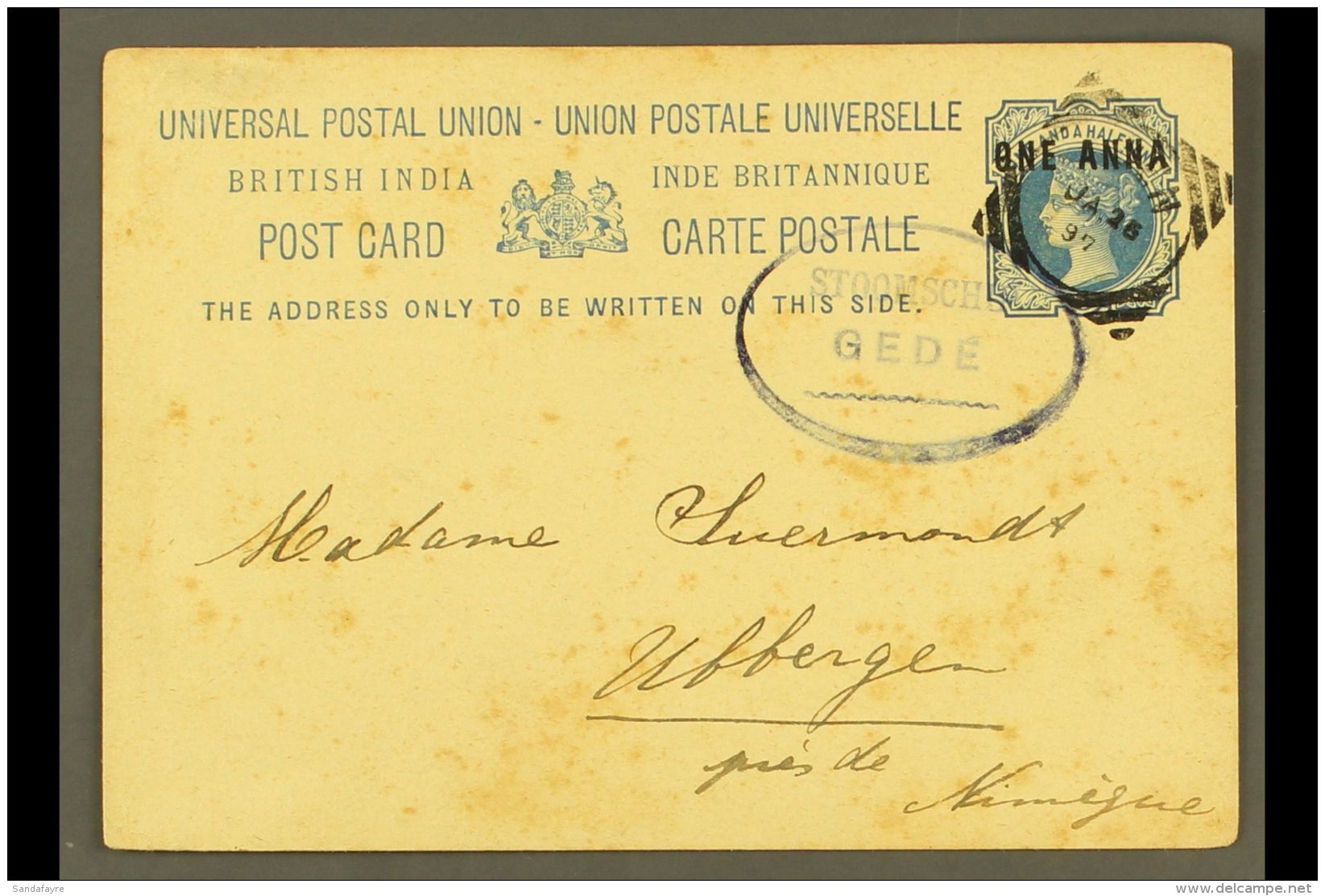 1897 (25 Jan) India 1a On 1&frac12;a Postal Card To Holland With Aden Squared Circle Cancel; Alongside "STOOMSCHIP... - Aden (1854-1963)
