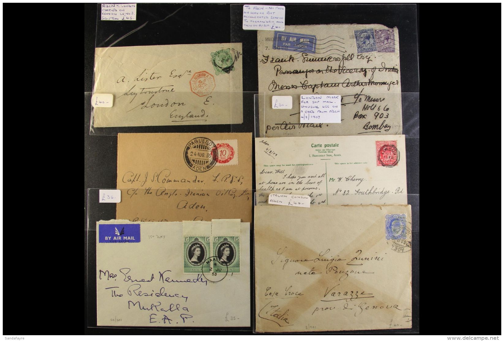 1890-1953 INTERESTING COVERS ACCUMULATION With 1890 Env To London Bearing India 4a6p Tied By Aden Squared Circle... - Aden (1854-1963)