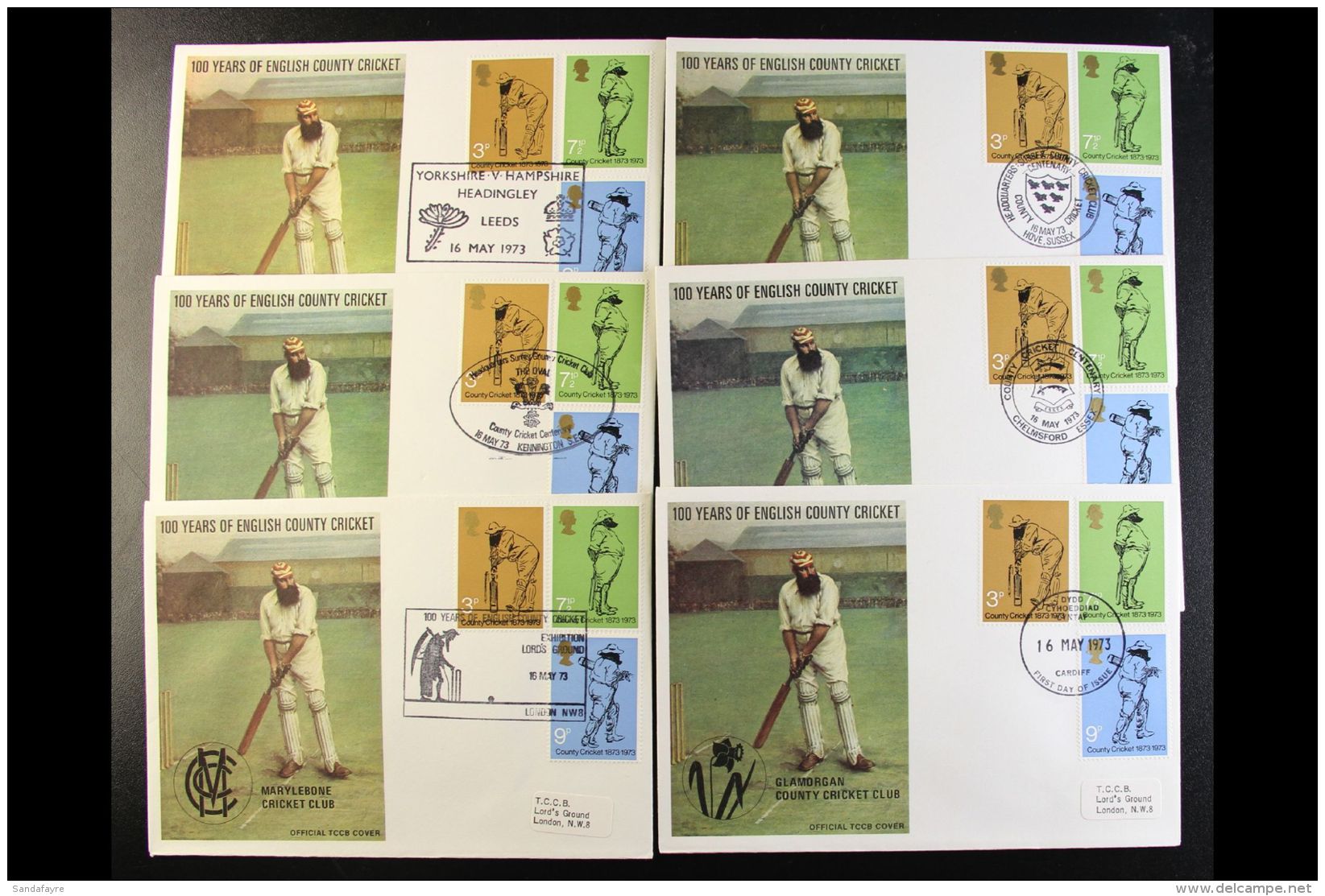 CRICKET GREAT BRITAIN 1973 Official TCCB Illustrated First Day Covers, Comprising Five With Special Postmarks Inc... - Non Classificati