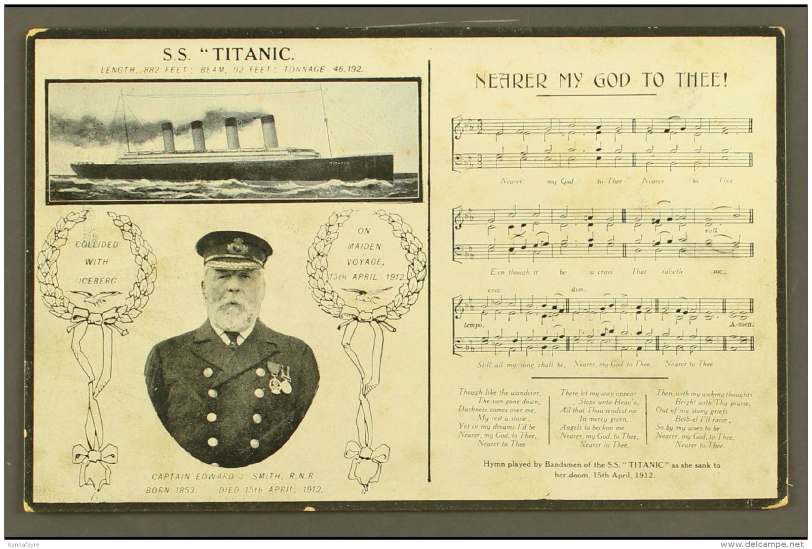 "S.S. TITANIC" PICTURE POSTCARD Circa 1912/13 Card Depicting The S.S. Titanic, Captain Edward Smith, And The Sheet... - Non Classificati