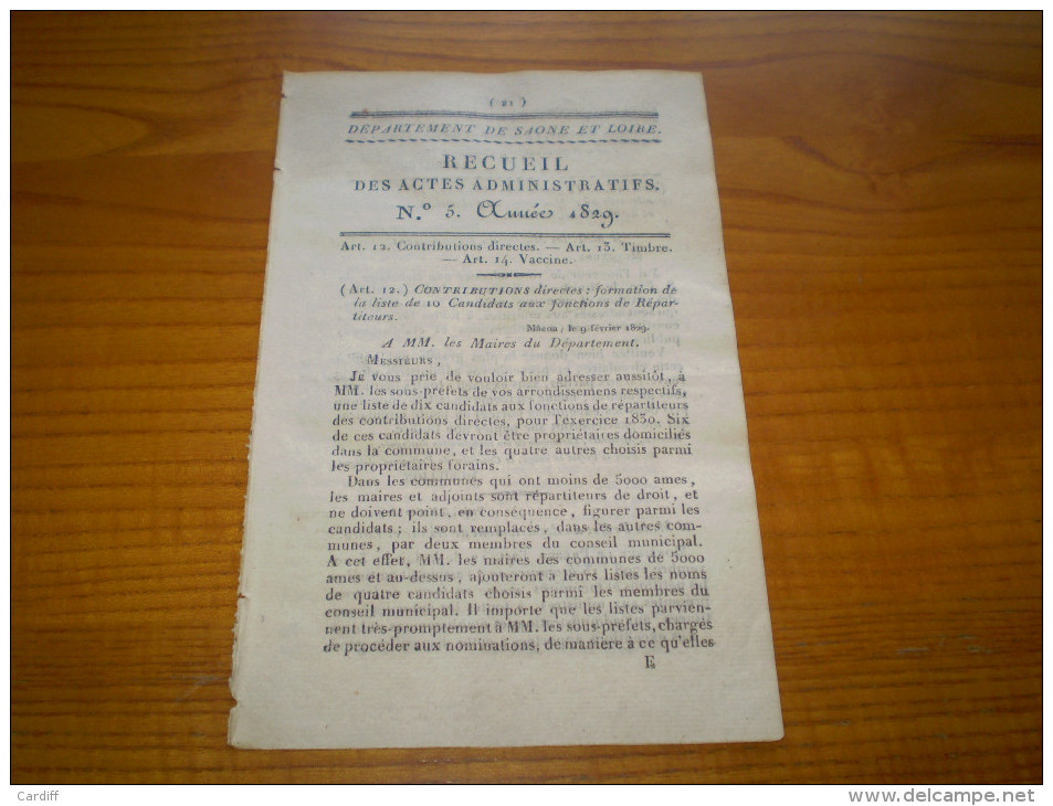 Mâcon 1829: Répartiteurs. Timbre Des Pétitions Et Mémoires Aux Administrations. Petite Vérole:indemnité Vaccine - Décrets & Lois