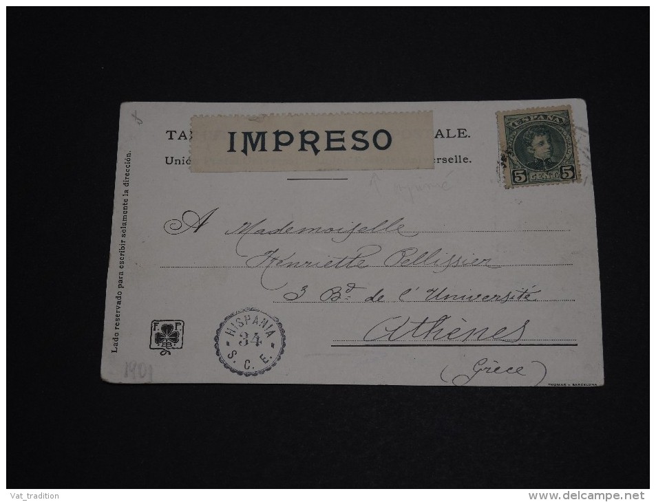 ESPAGNE - Carte Postal Au Tarif Imprimé ( étiquette) Pour La Grèce En 1901- A Voir - L 61 - Lettres & Documents