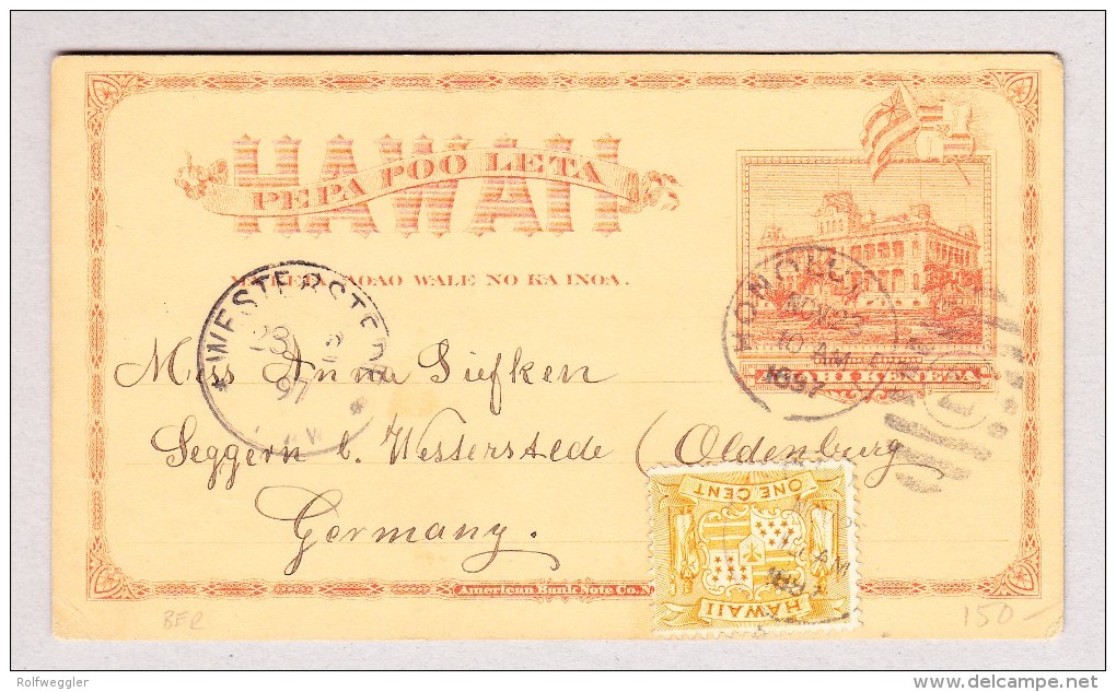 Hawaii 23.11.1897 Honolulu Ganzsache Mit Zusatzfrankatur Nach Oldenburg - Hawaï