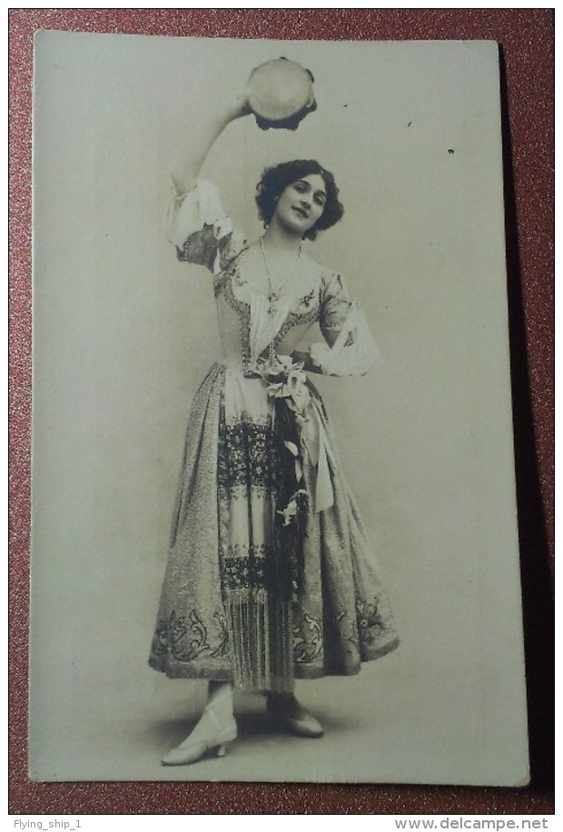 Antique Russian Photo Postcard Before 1917 LINA CAVALIERI Opera Singer Italian Costume Performance Tarantella, Drum. - Opera