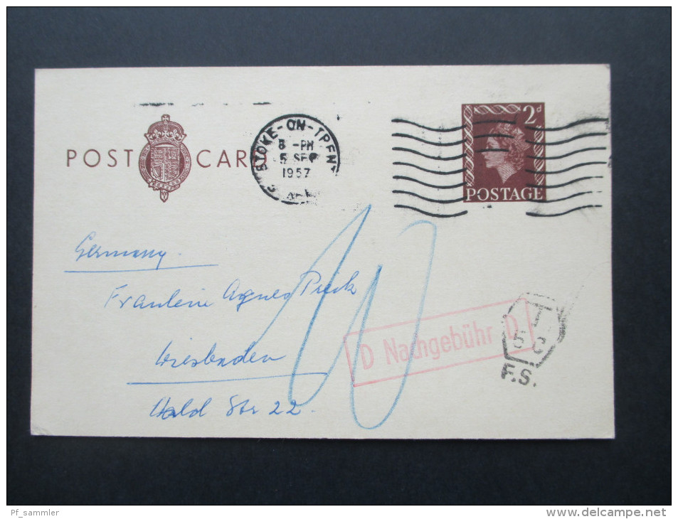 GB Ganzsache 1957 Stoke On Trent Nach Wiesbaden. Mit Vermerk / Stempel Nachgebühr. Tax Stempel - Storia Postale