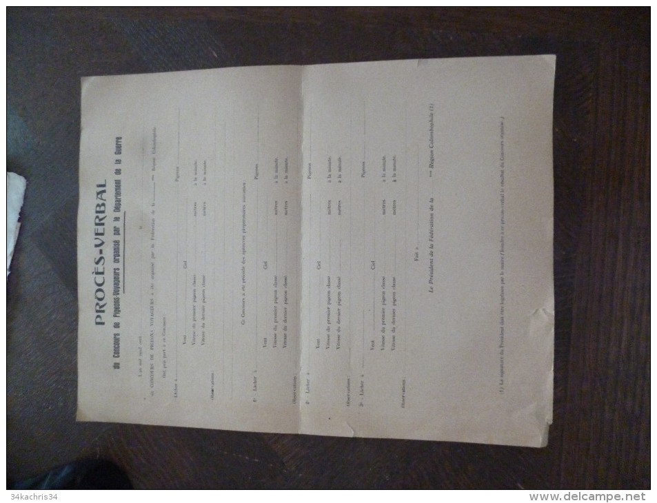 Rare Procès Verbal Vierge Concours De Pigeons Voyageurs Département De La Guerre - Casques & Coiffures