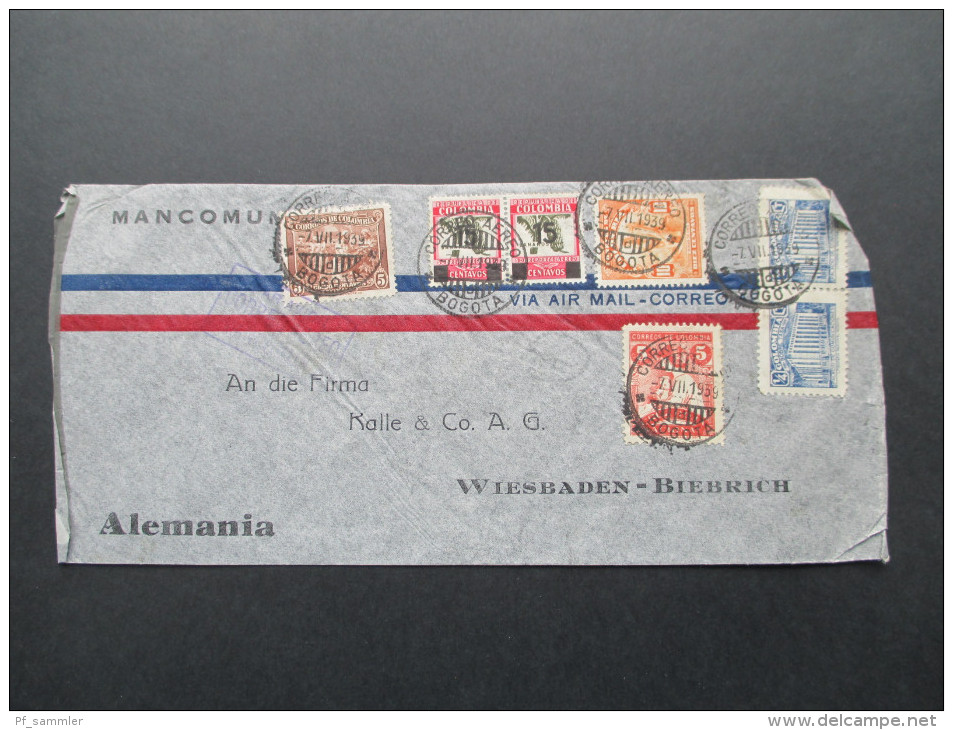 Kolumbien 1939 Luftpostbeleg Air Mail Nach Wiesbaden. Buntfrankatur! Apartado Aereo 34-33 Bogota - Colombia