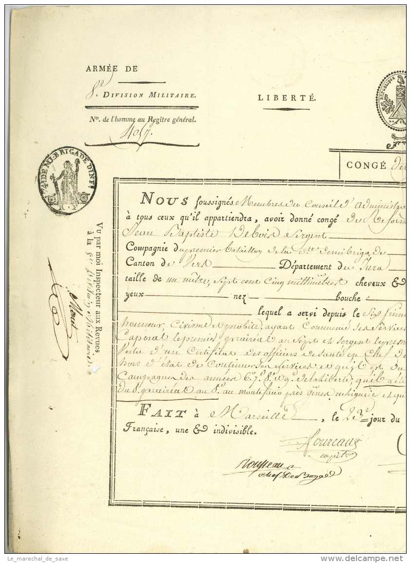 74e Demi-Brigade - Marseille 1801 - Généraux CERVONI, BAILLOD + ROUSSEAUX - Andelot Montefacio Genova - Historical Documents