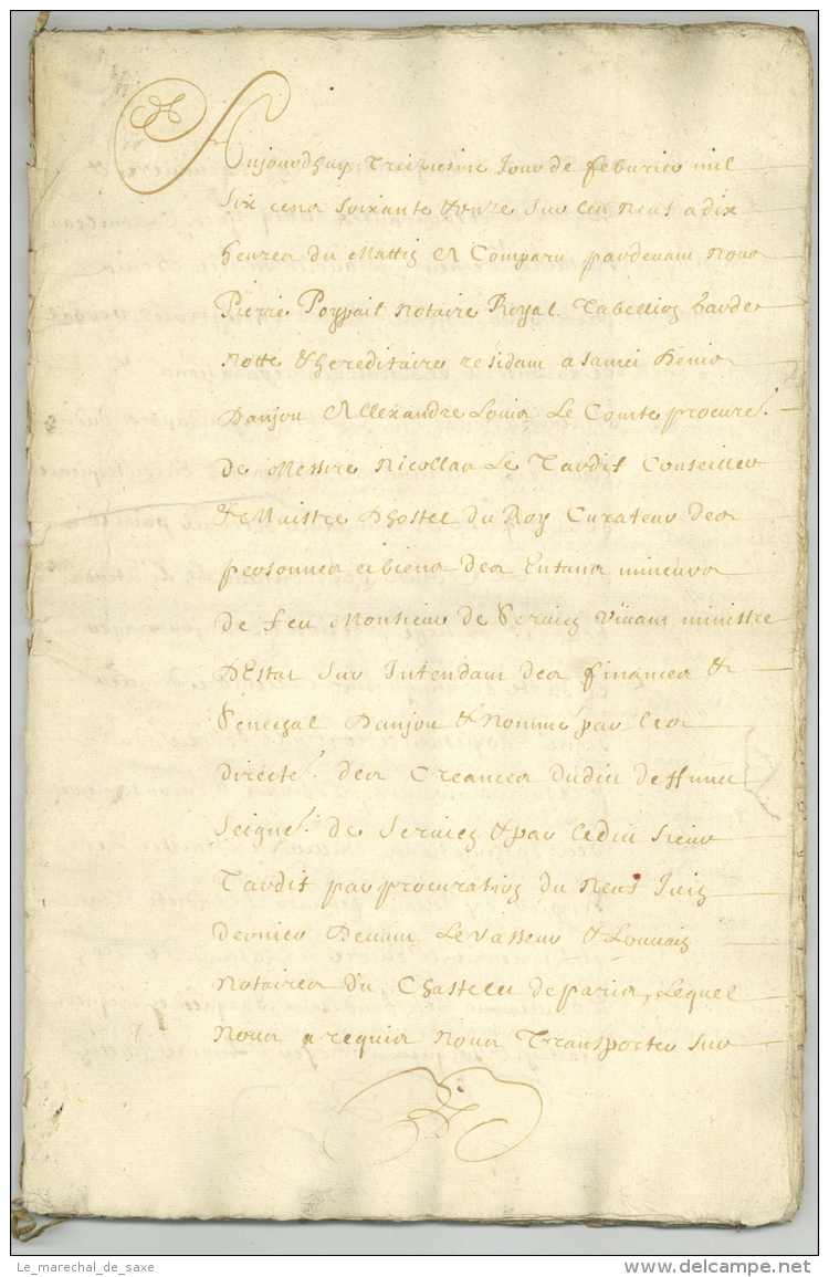 ANJOU 1671 &ndash; POYPAIL, Pierre. Notaire Royal à SAINT-DENIS-D&rsquo;ANJOU (Mayenne). De La Morinniere - Historical Documents