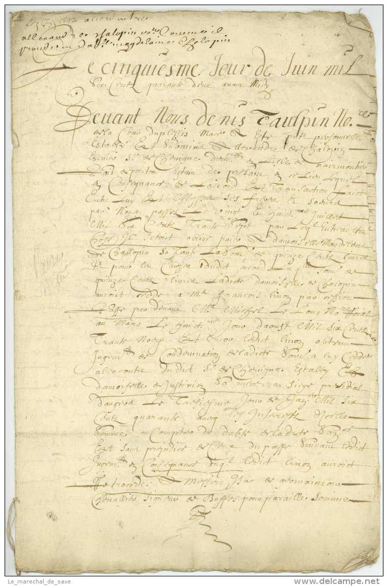 [LE PLESSIS-MACÉ, 5 Juin 1642]. Acte Notarié (copie), Signé D&rsquo;Alexandre De Chalopin à SAINT-GEORGES-SUR-LOIRE, 3 J - Manuscritos