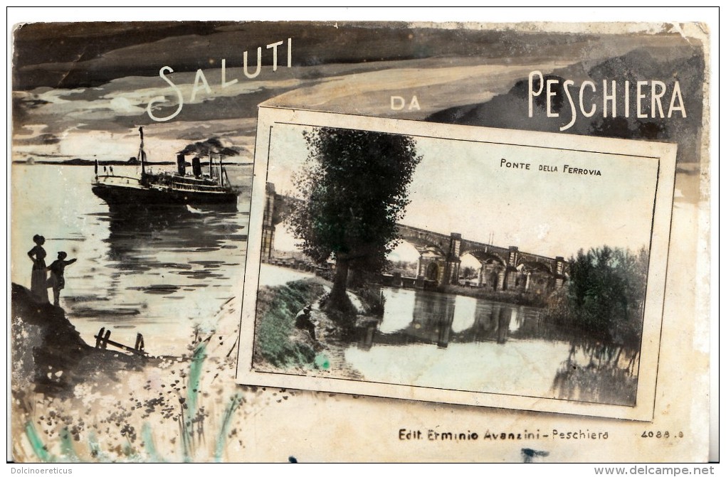 SALUTI DA PESCHIERA DEL GARDA - PONTE FERROVIA - FORMATO PICCOLO - VIAGGIATA PRIMI 900 - ED. E. AVANZINI - Verona