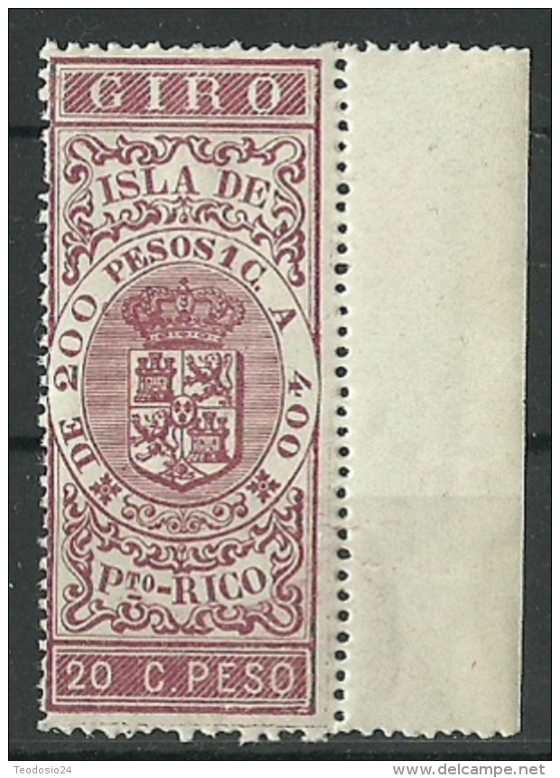 ESPAÑA COLONIAS GIRO ISLA DE PUERTO RICO  20 Cts. De Peso ** Mnh - Puerto Rico