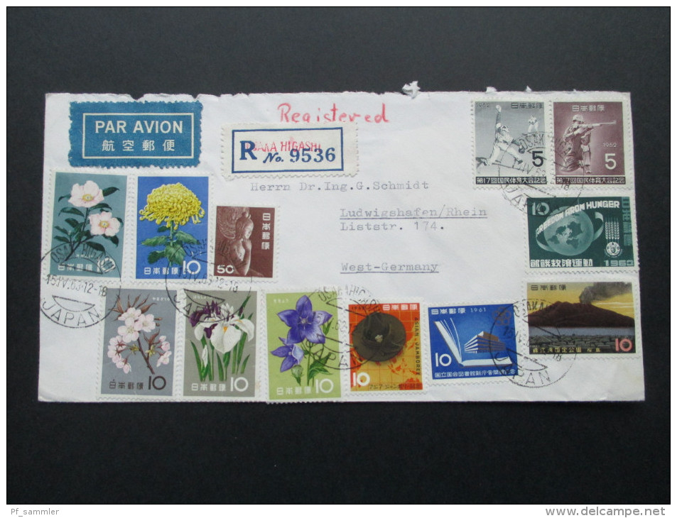 Japan 1963 Schöne Buntfrankatur. R-Brief Osaka Higashi. Luftpost - Lettres & Documents