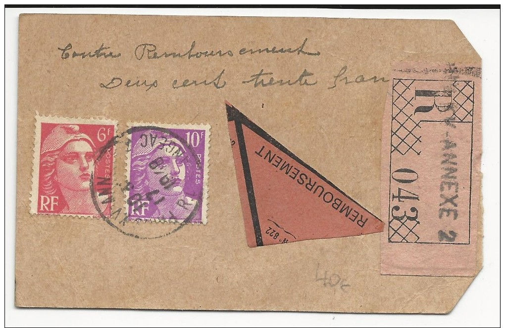 1948 - GANDON RARES Sur ETIQUETTE De PAQUET CONTRE REMBOURSEMENT De PARIS XV ANNEXE 2pour SERNEAC (HATES PYRENEES) - 1921-1960: Période Moderne