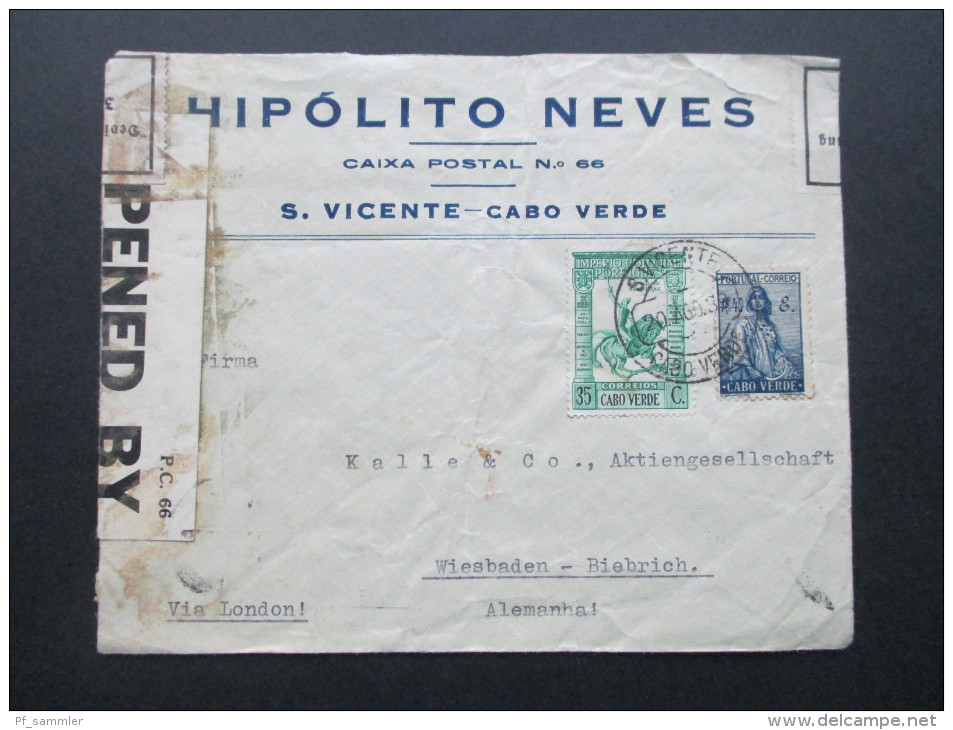 Portugal Kolonie Cabo Verde / Kap Verde 1939 Zensurpost / Opened By Censor. Zollamtlich Geöffnet. S. Vicente - Cap Vert