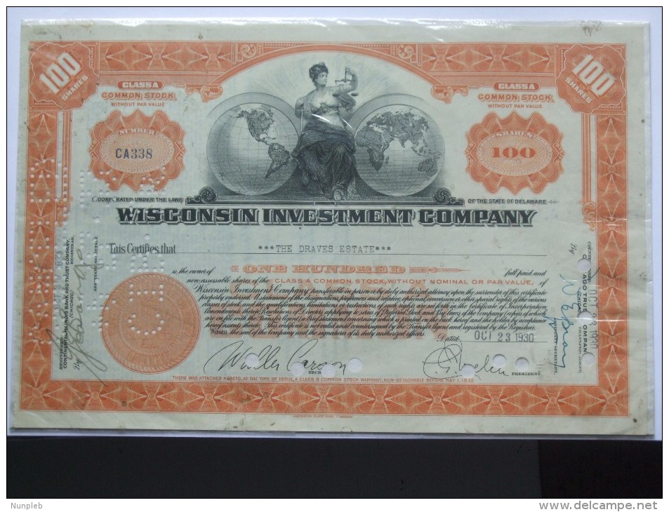WISCONSIN INVESTMENT COMPANY 100 SHARES SHARE CERTIFICATE 1968 - Bank & Insurance