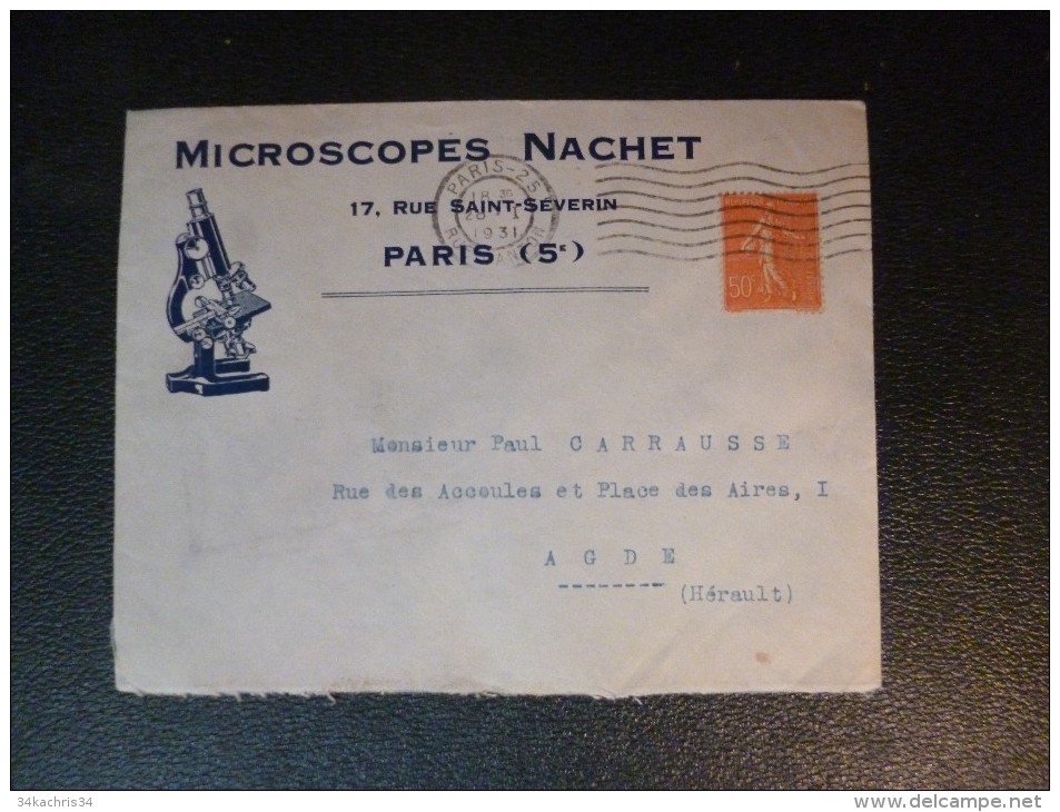 Lettre France Pour Agde Illustrée Pub Microscopes Nachet Paris 1931 - 1900 – 1949