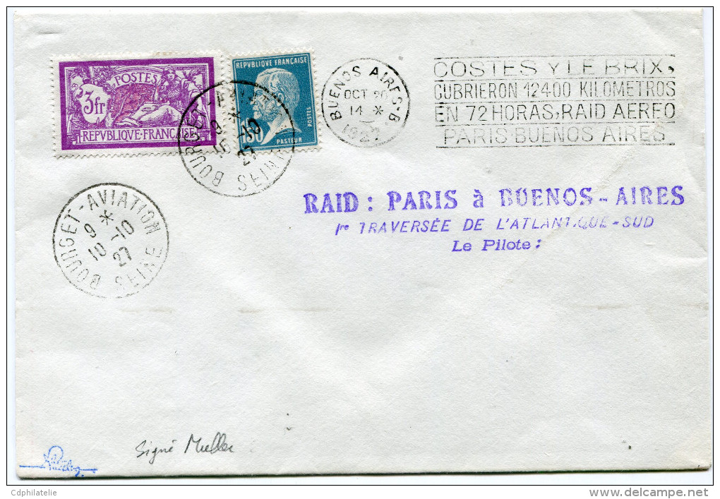 FRANCE LETTRE PAR AVION DEPART BOURGET - AVIATION 10-10-27 AVEC GRIFFE VIOLETTE "RAID : PARIS A BUENOS-AIRES 1ère......" - 1927-1959 Covers & Documents