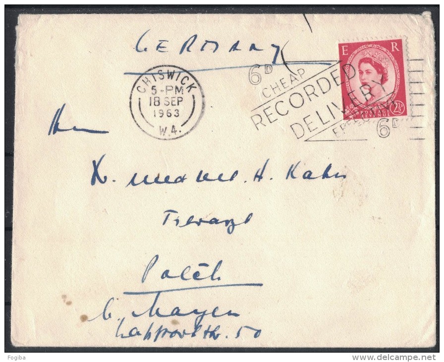 PF223       1963 CHISWICK GB  Stamps COVER SLOGAN PMK 6d CHEAP EFFECTIVE RECORDED DELIVERY - Storia Postale