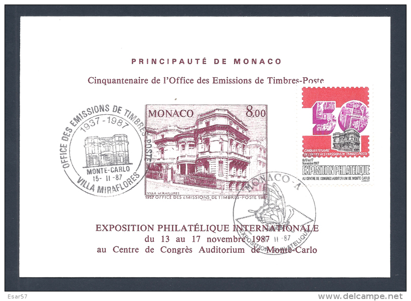 Monaco Gravure 50 Ans De Office Emissions Timbre Poste Exposition Philatélique 13 Au 17 Novembre 1987 CACHETS + Vignette - Entiers Postaux