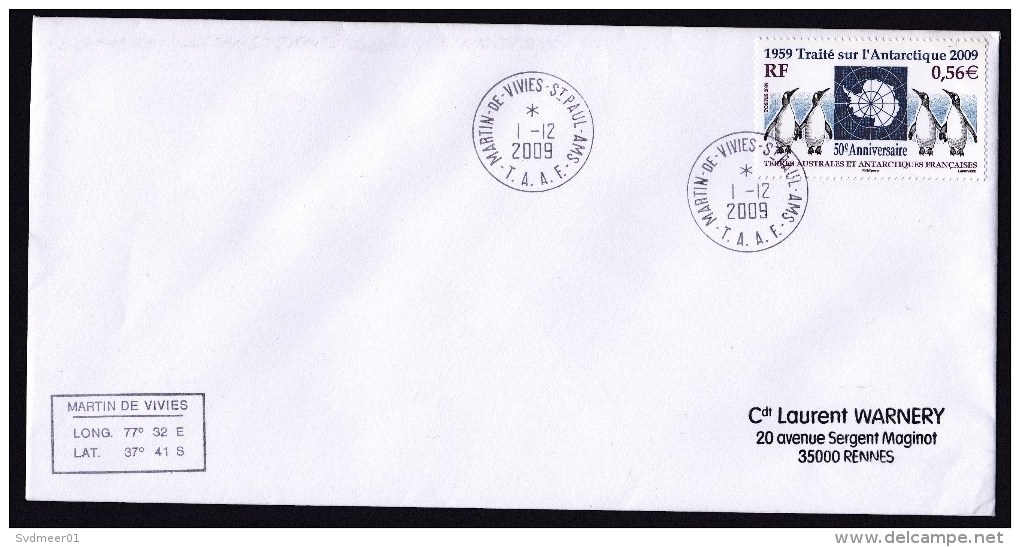 French Antarctic Territory (TAAF), Cover Martin-de-Vivies, 2009, 1 Stamp, Penguin, Bird, Map (traces Of Use) - Brieven En Documenten