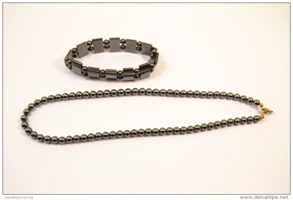 Ensemble Parure Chaine + Bracelet En Perles Noires. Années 1950 ? 1960 ? - Necklaces/Chains