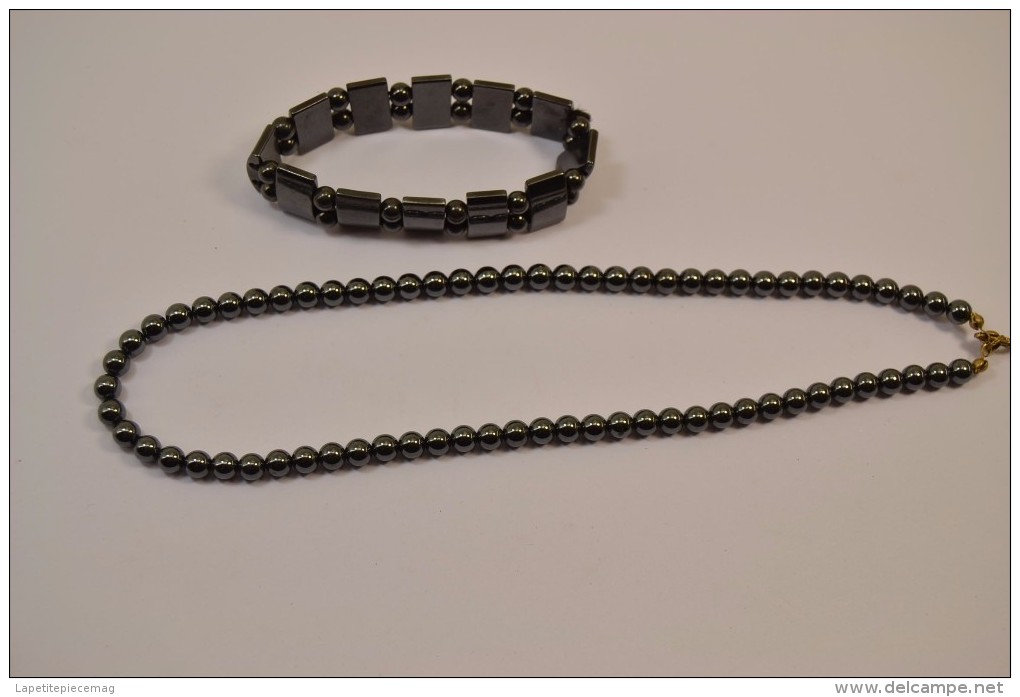 Ensemble Parure Chaine + Bracelet En Perles Noires. Années 1950 ? 1960 ? - Necklaces/Chains