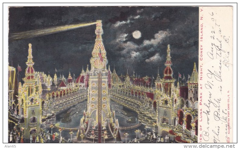 Coney Island Amusement Park New York, Luna Park At Night, C1900s Vintage Postcard - Brooklyn