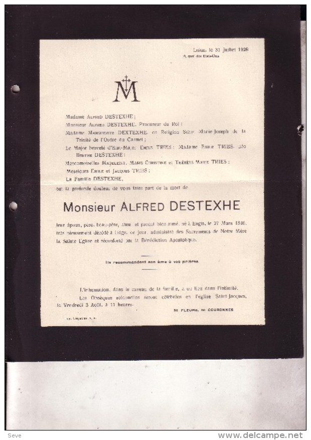 ENGIS LIEGE Alfred DESTEXHE 1846-1928 Famille DESTEXHE TRIES Faire-part Mortuaire - Obituary Notices