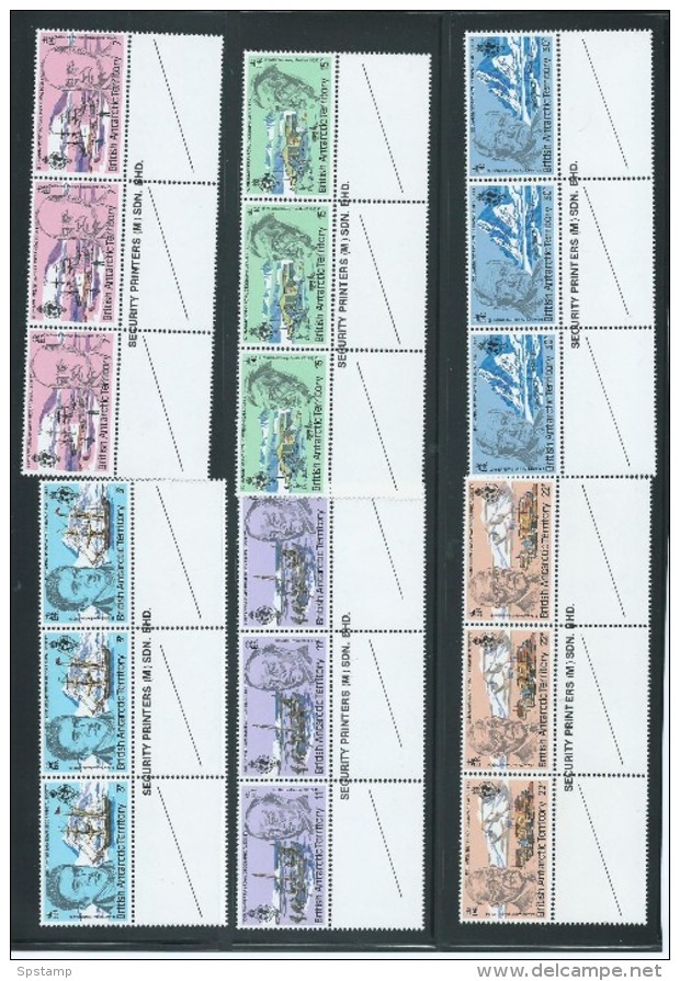 British Antarctic Territory 1980 Geographical Society / Polar Explorer Set 6 MNH In Imprint Strips Of 3 - Unused Stamps