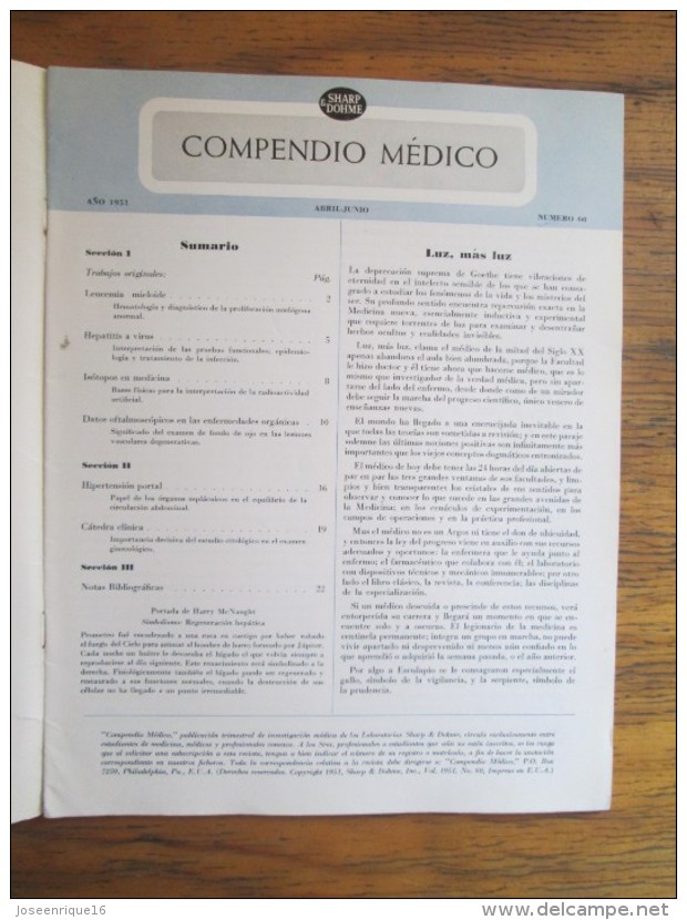 REVISTA COMPENDIO MEDICO SHARP & DOHME Nº 60 - 1951 - Santé Et Beauté