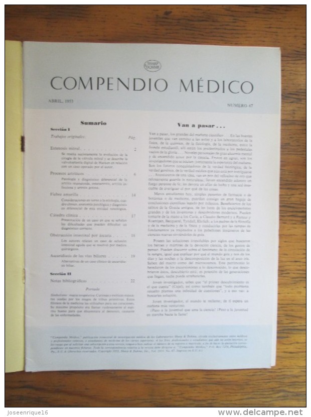 REVISTA COMPENDIO MEDICO SHARP & DOHME Nº 67 - 1953 - Health & Beauty